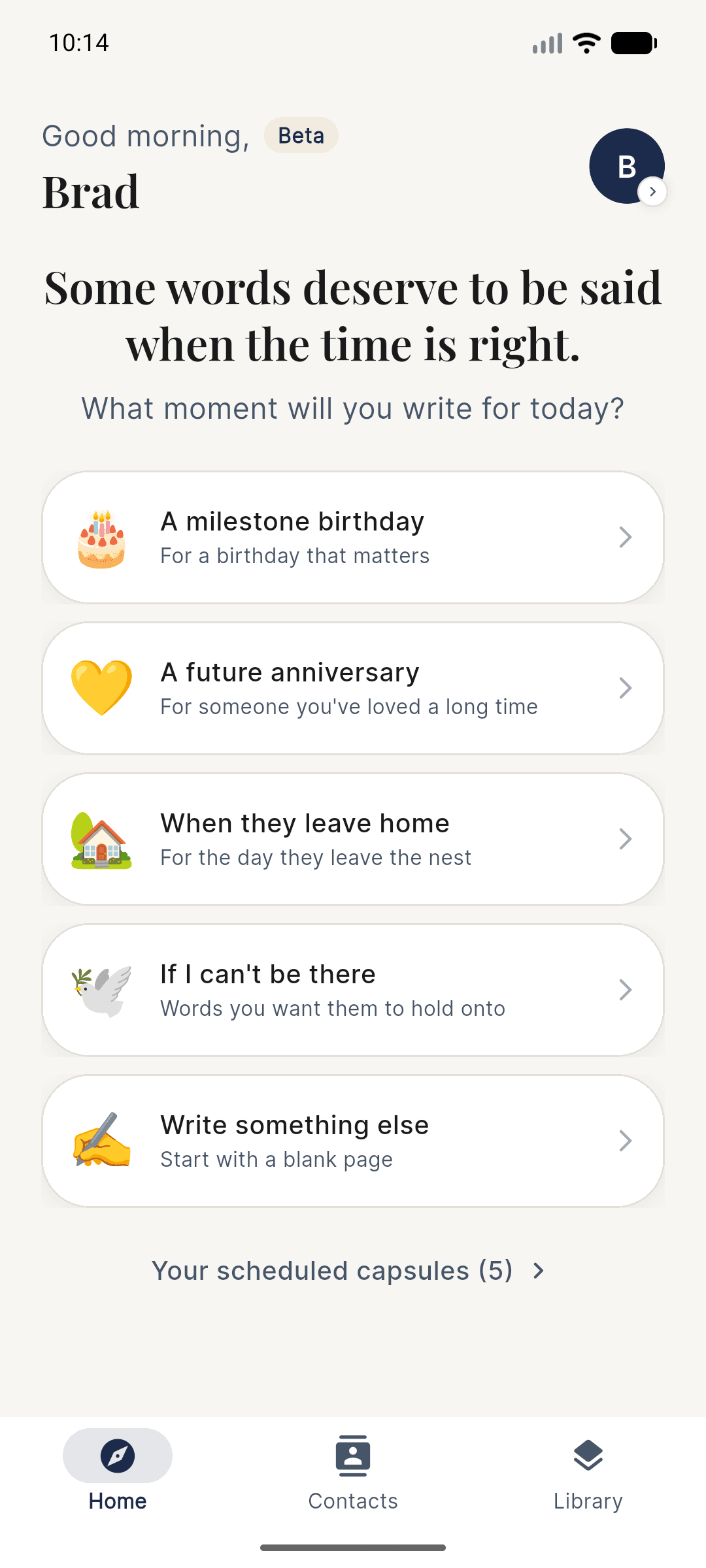 TimeLock home screen with personalized greeting and prompt cards