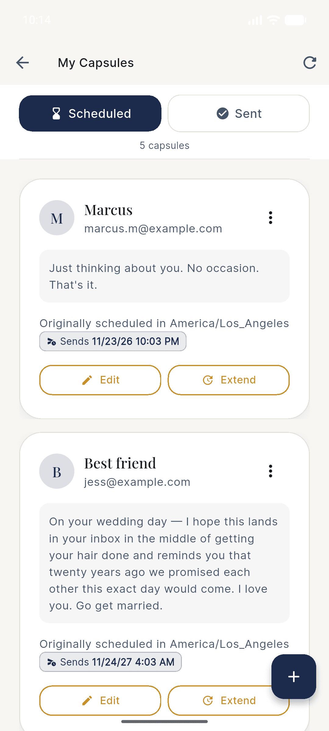 Library view showing scheduled letters with prose previews
