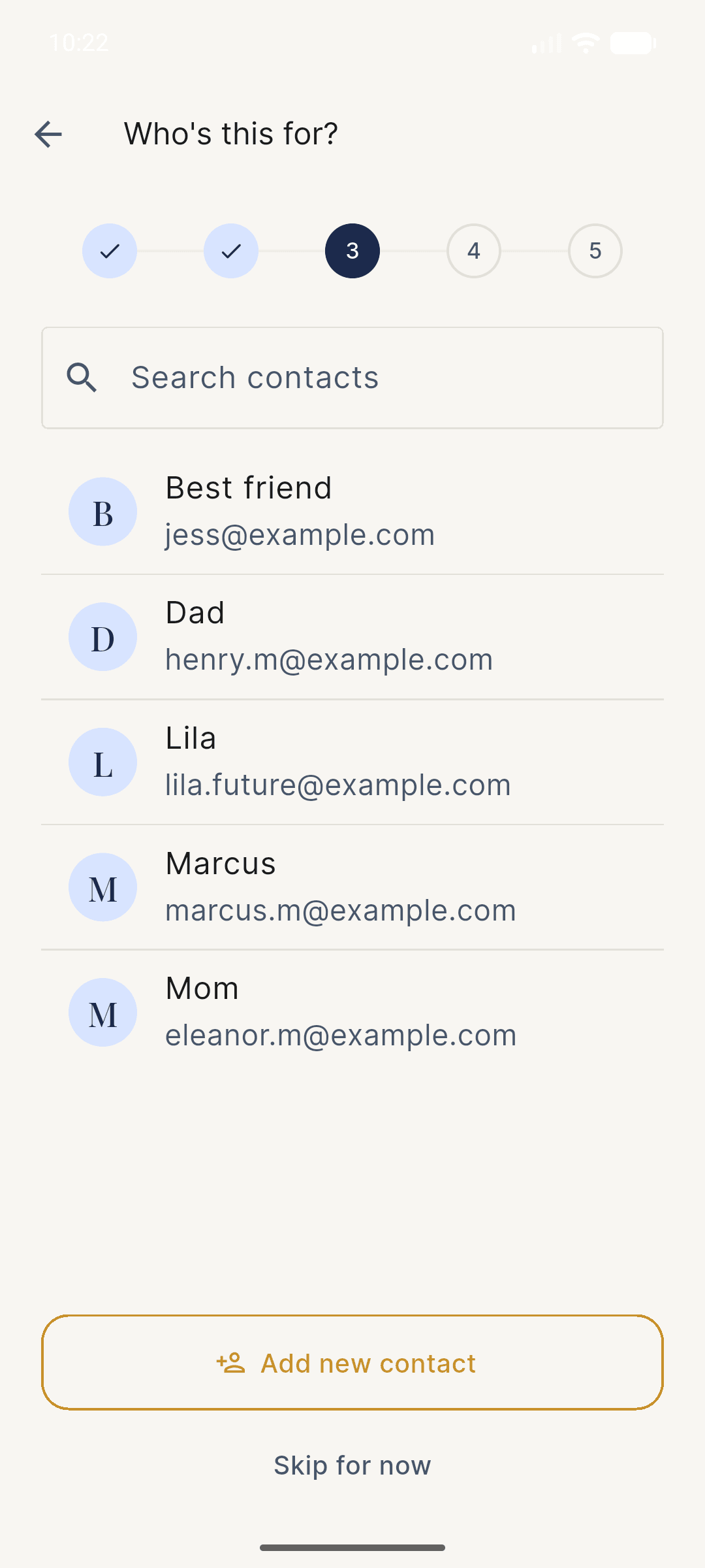 Compose flow recipient picker showing verified contacts