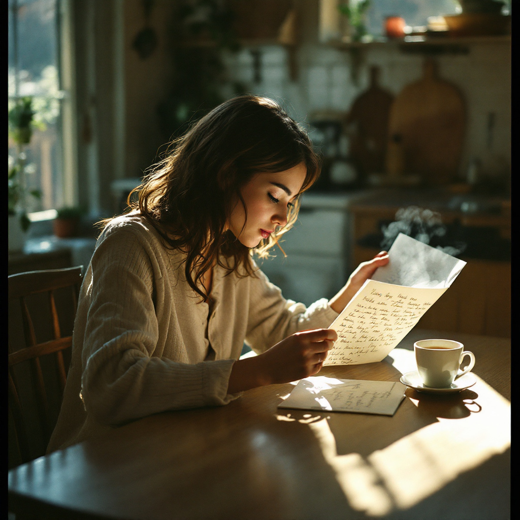 A woman seated alone at a kitchen table reading a handwritten letter, morning light from a window, face angled down toward the page